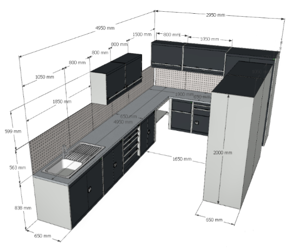 A dimensioned design showing a small workshop area with storage and worktops